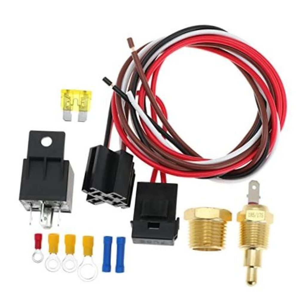 Electric fan relay wiring kit with bundled red/black wires, relays, fuse holders, terminals