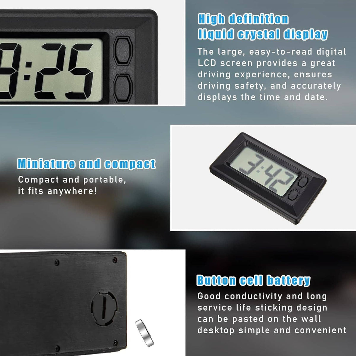 Mini portable digital car clock with LCD time 8:29, compact black housing and buttons