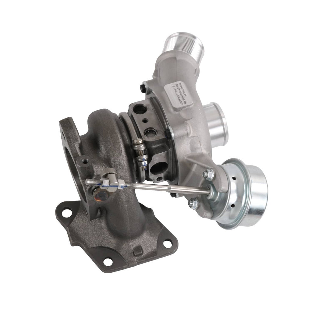 Turbocharger assembly with silver housing and dark cast exhaust side, bolt-on flanges