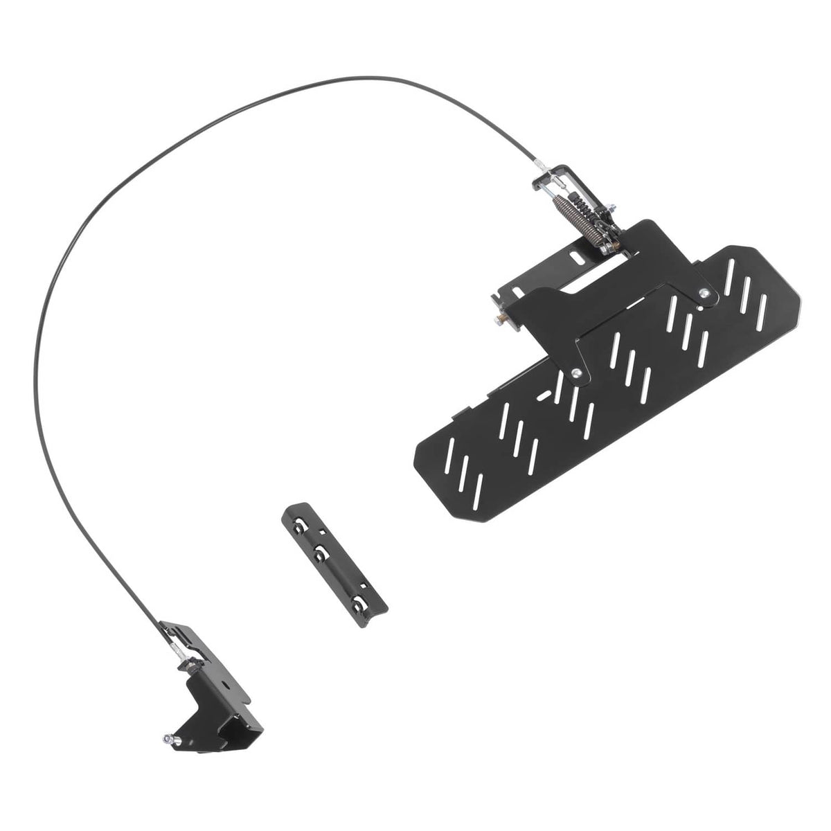 Mower chute blocker kit with black shield, small bracket plates, and cable