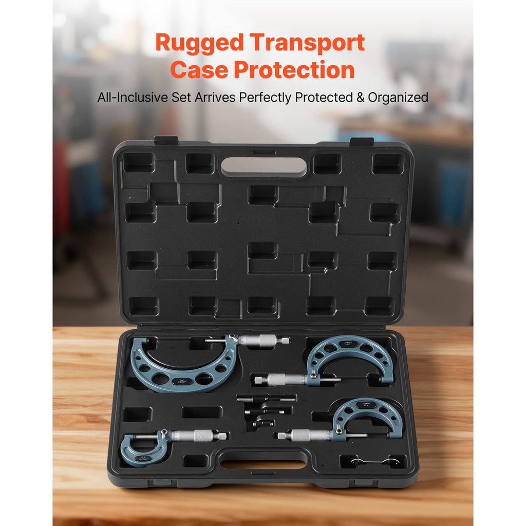 Rugged black storage case with foam inserts holding multiple outside micrometers