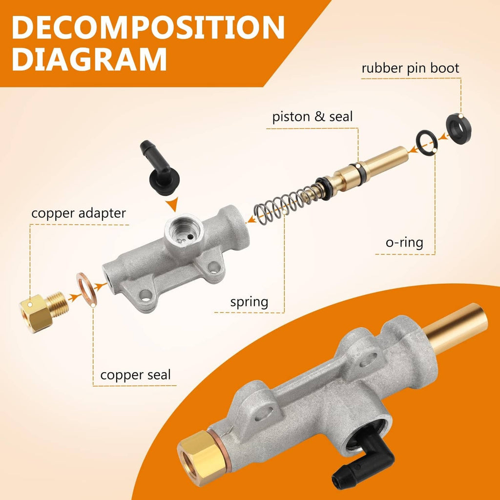 Rear brake master cylinder internal parts diagram with piston, spring, O-ring, boot