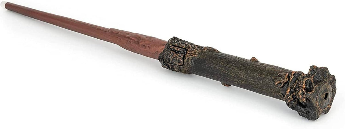 Brown magic wand with dark textured grip and ornate emblem; unlit tip