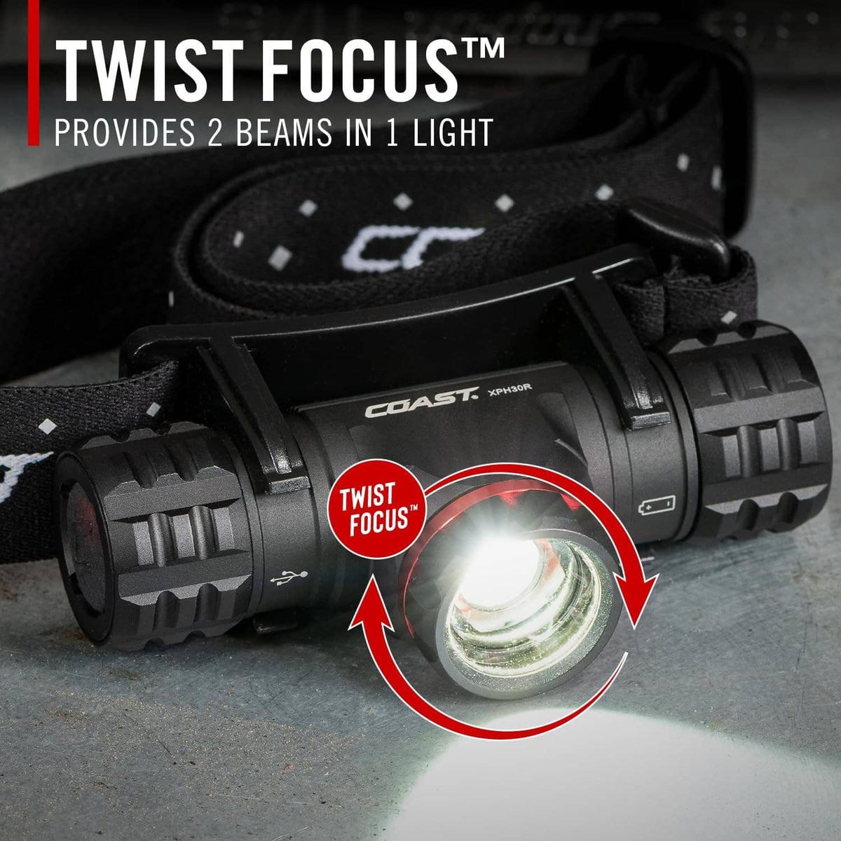 Black headlamp showing twist-focus lens with two light beams