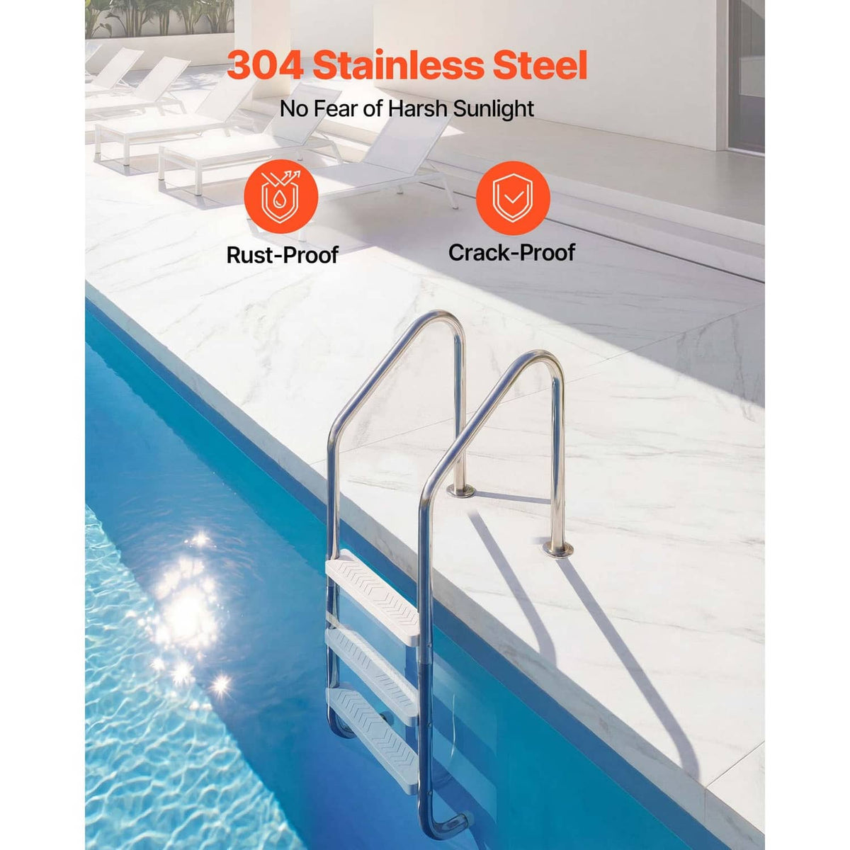 Stainless steel 3-step pool ladder with dual handrails and non-slip step bars