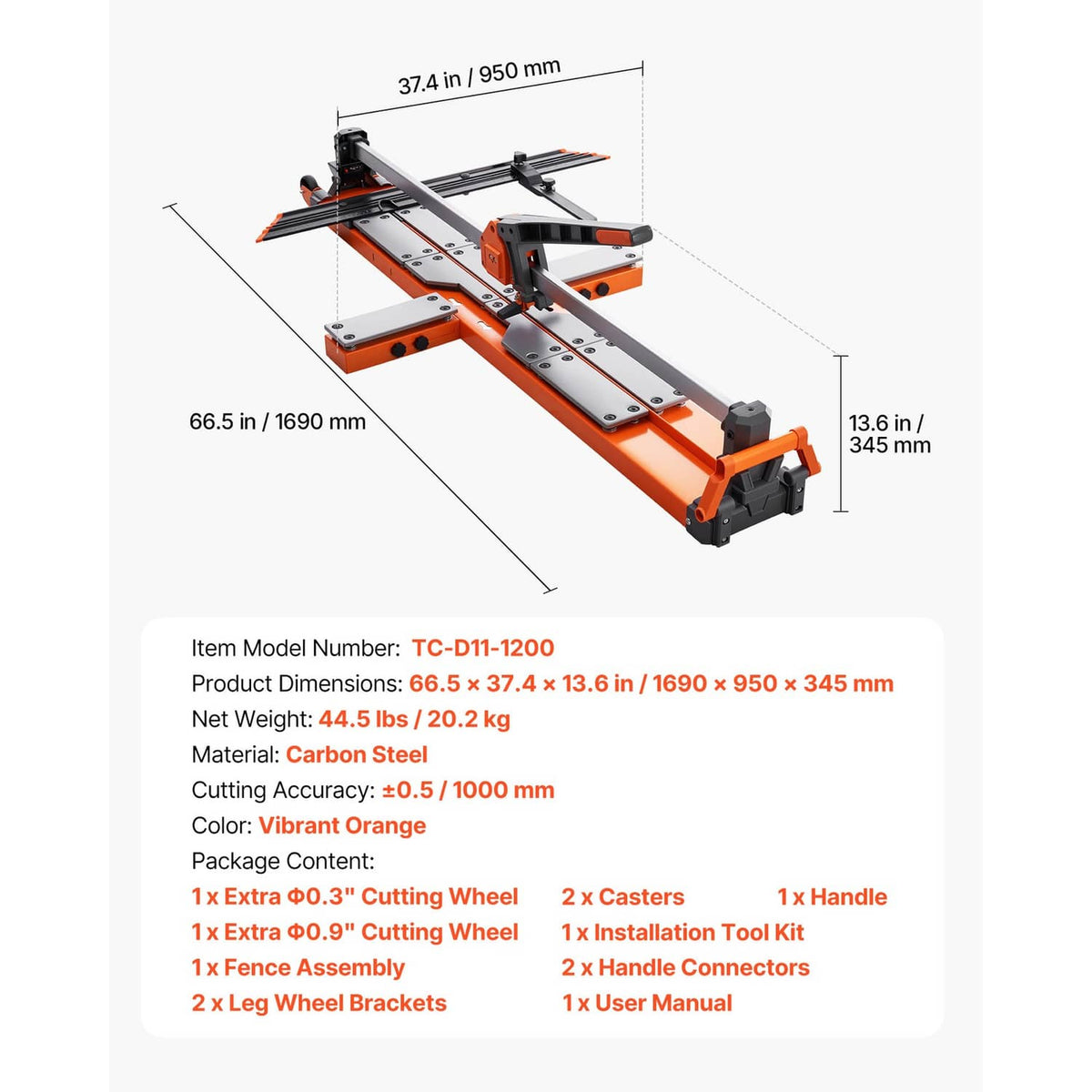 Tile cutter with orange frame and labeled measurements plus included accessory icons