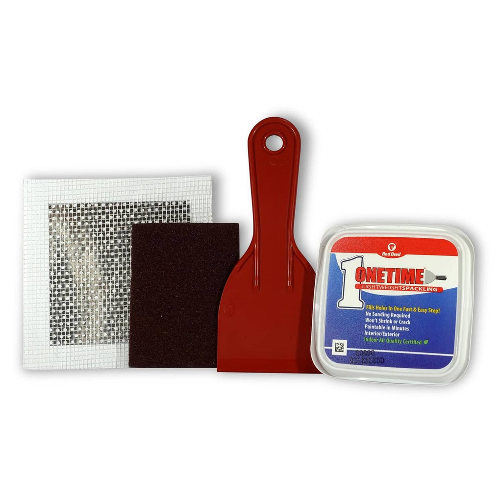 Patch-a-wall kit contents: red spreader, spackling container, mesh and foam pads