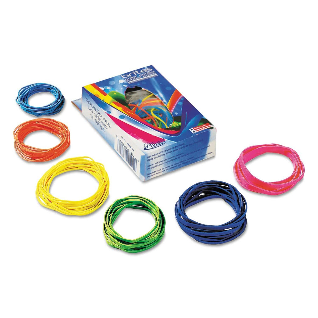 Assorted rubber band loops in blue orange yellow lime and pink with small box