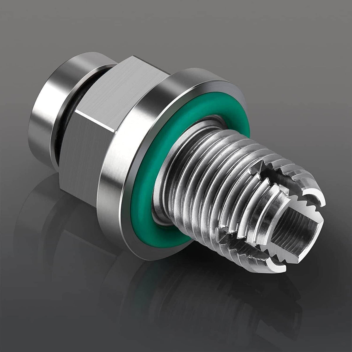 Close-up of stainless steel piggyback oil drain plug with green O-ring seal