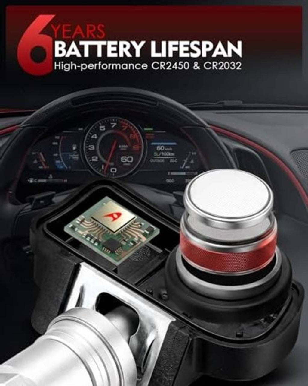 TPMS sensor battery lifespan feature with sensor module in foreground.