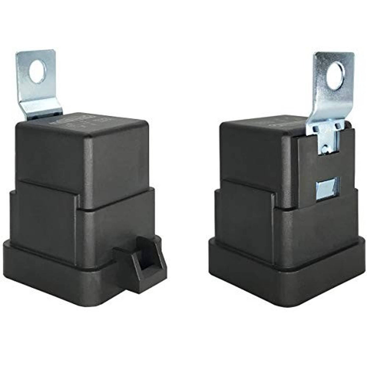 Waterproof automotive relay, black 4-pin cube with metal mounting brackets