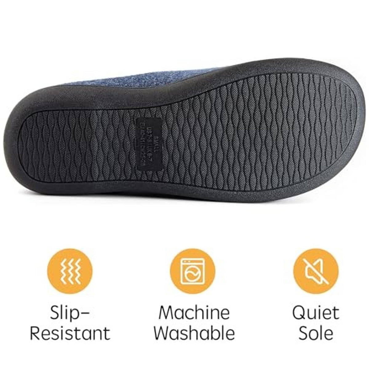 Navy blue clog slippers with textured rubber sole and sherpa-lined interior