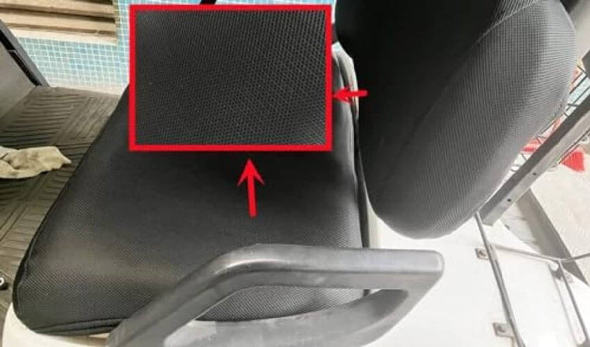 Black mesh seat cover installed on a golf cart seat with matching backrest.