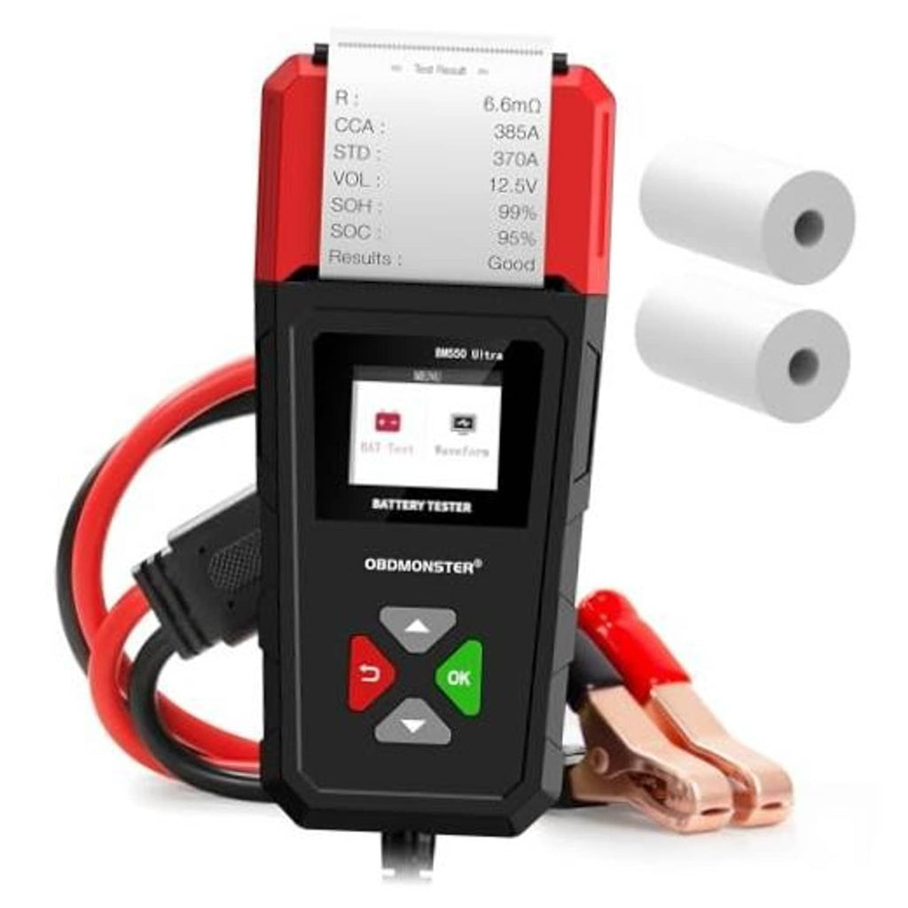 Handheld red-and-black car battery tester with LCD screen and battery clamp leads