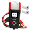 Handheld red-and-black car battery tester with LCD screen and battery clamp leads