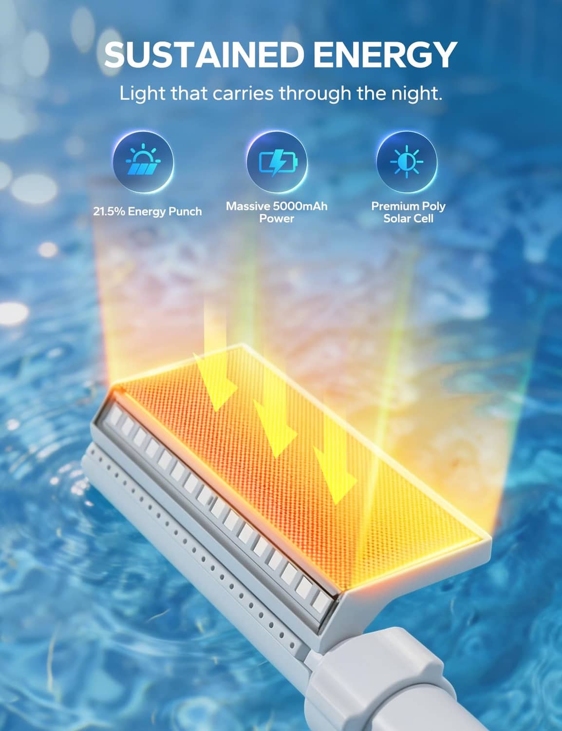 Gray solar pool fountain LED panel showing warm light inside housing