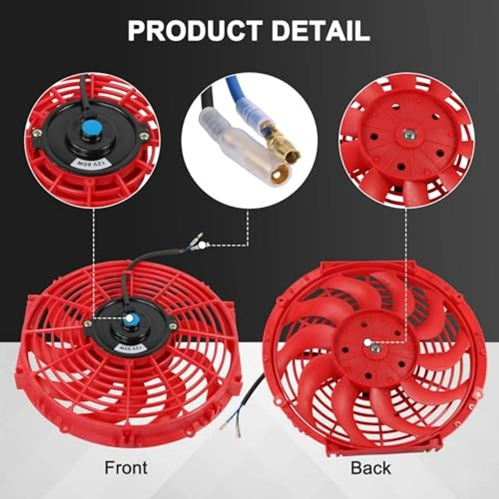 Red pull-push radiator fan kit showing front and back views plus connector details
