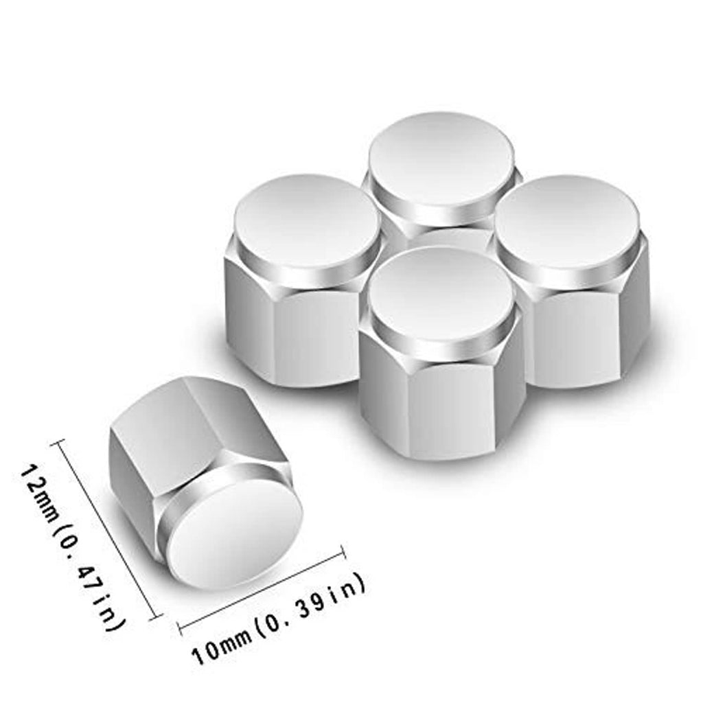 Chrome hex tire valve stem caps, shown with size measurements 10mm and 12mm