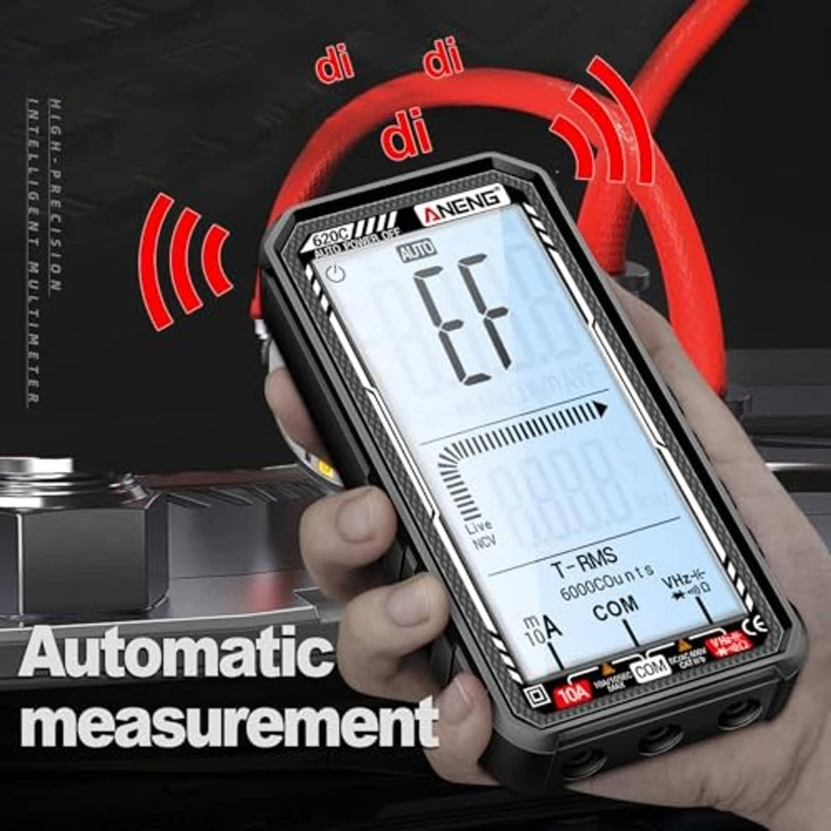 Handheld black digital multimeter displaying readings with red NCV detection signal