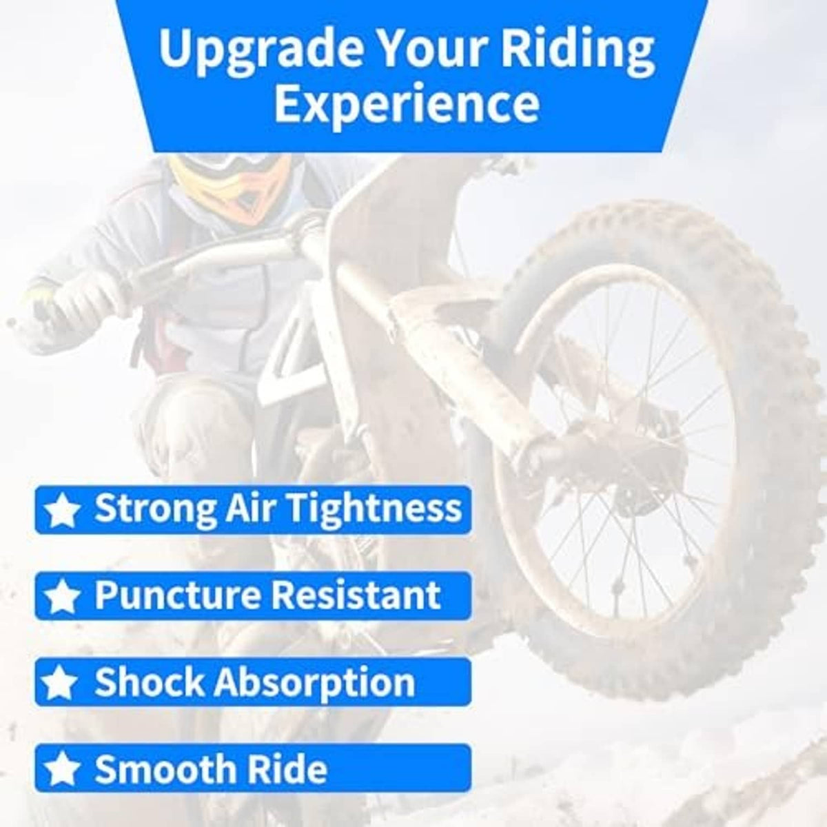 Black off-road tire and inner tube shown on a wheel for improved riding.