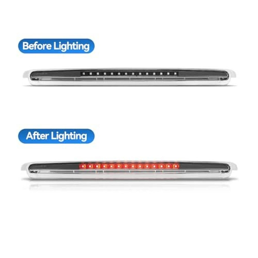 Third brake light showing lit red LED strip inside clear cover