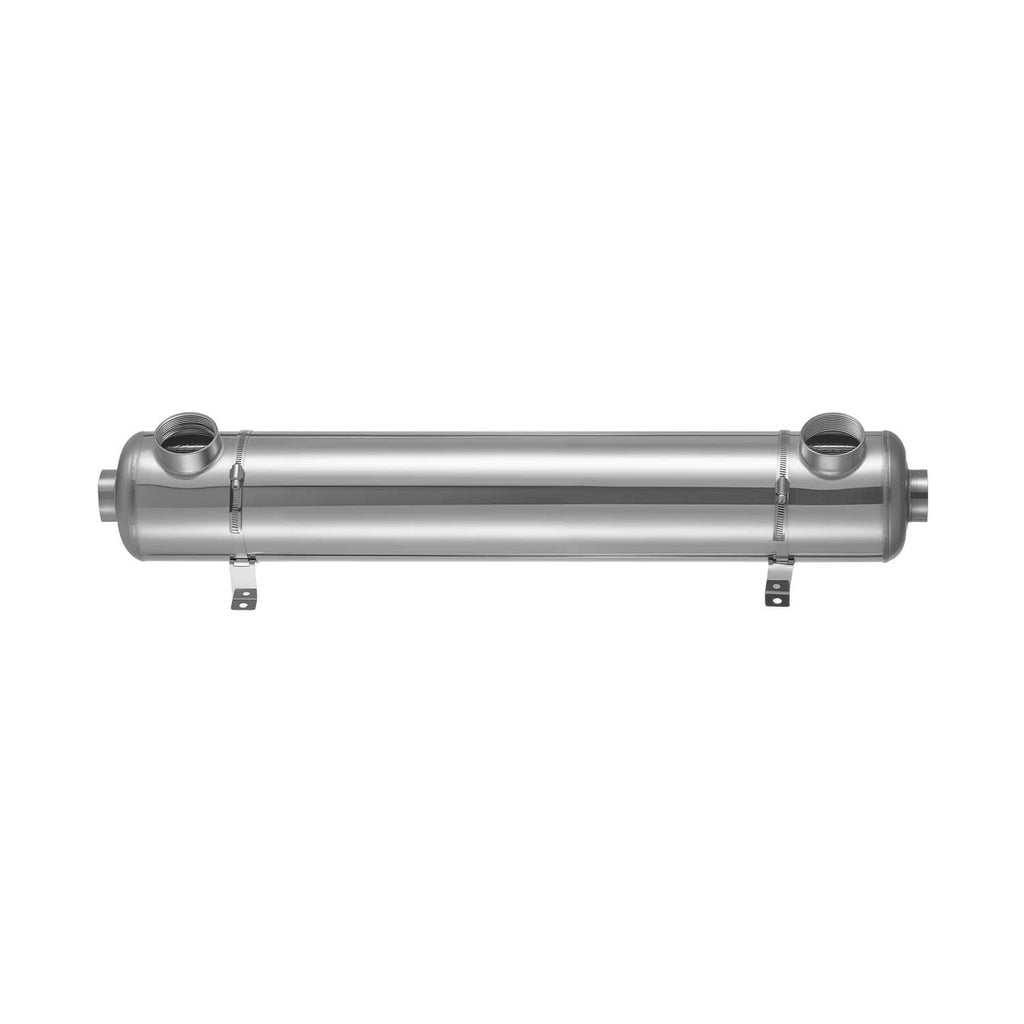 Stainless steel pool heat exchanger with end ports, horizontal cylindrical body
