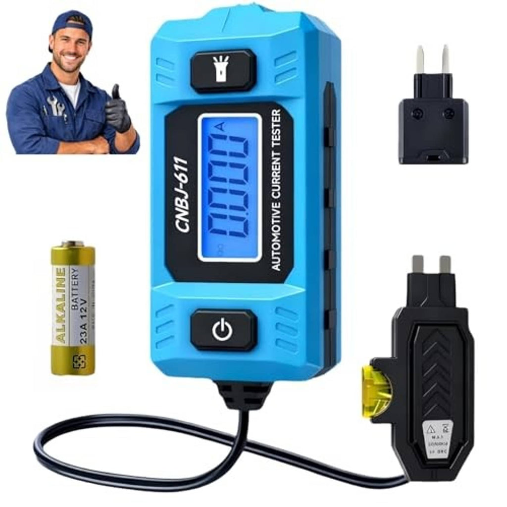 Blue automotive current circuit tester with LCD display and two plug adapters