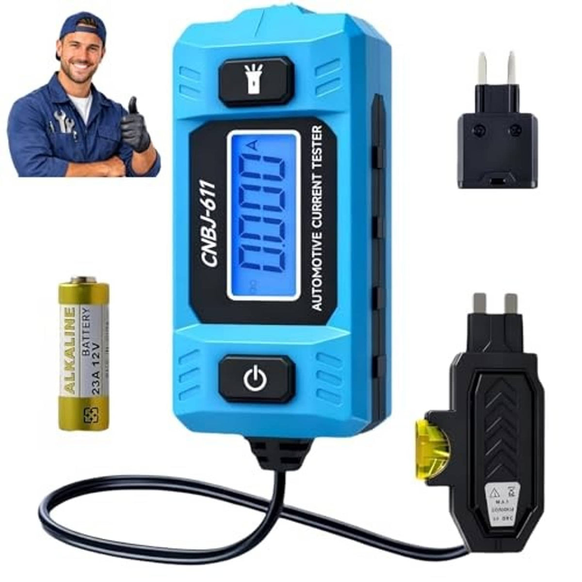 Blue automotive current circuit tester with LCD display and two plug adapters