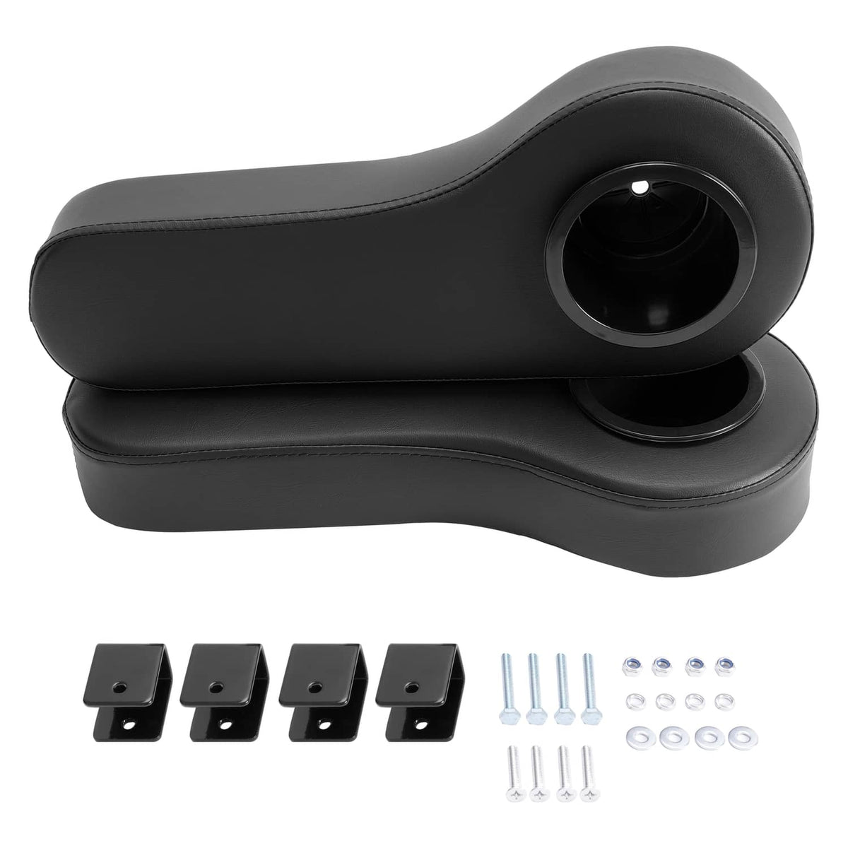 Stacked golf cart rear arm rest cup holders with mounting brackets and hardware, black