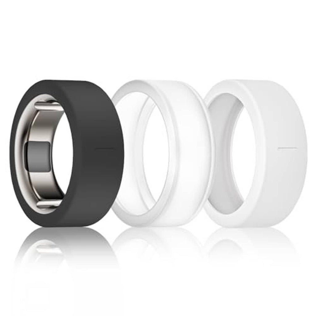 Set of silicone ring covers in dark, clear, and white colors for Oura-style tracker