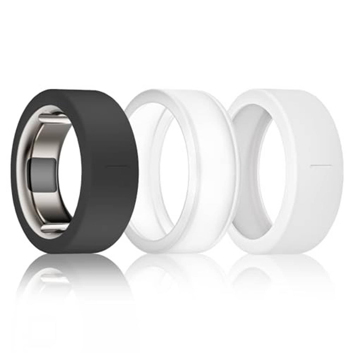 Set of silicone ring covers in dark, clear, and white colors for Oura-style tracker