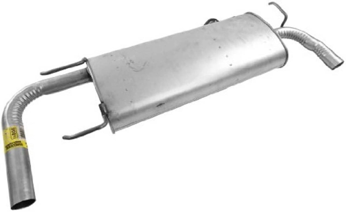 Stainless steel exhaust muffler with dual hanger loops and curved outlet pipe.