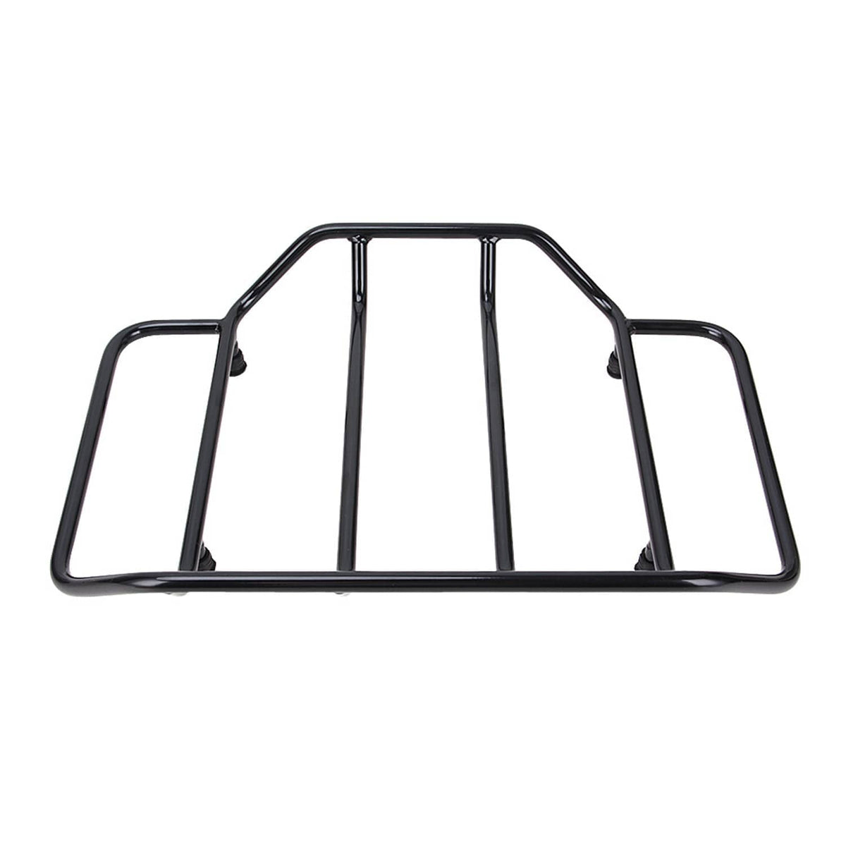 Black luggage rack with arched side rails and vertical center supports