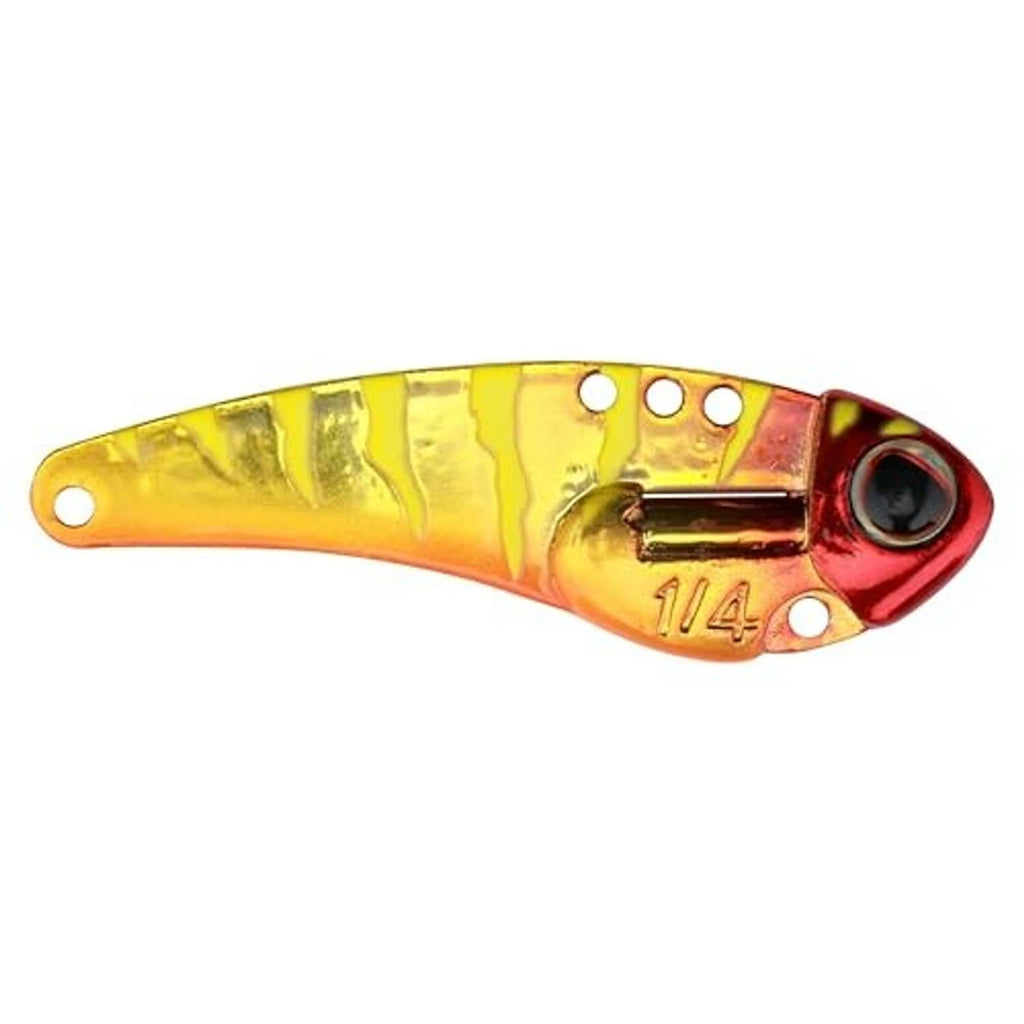Yellow and orange blade bait lure with red head detail and two treble hooks