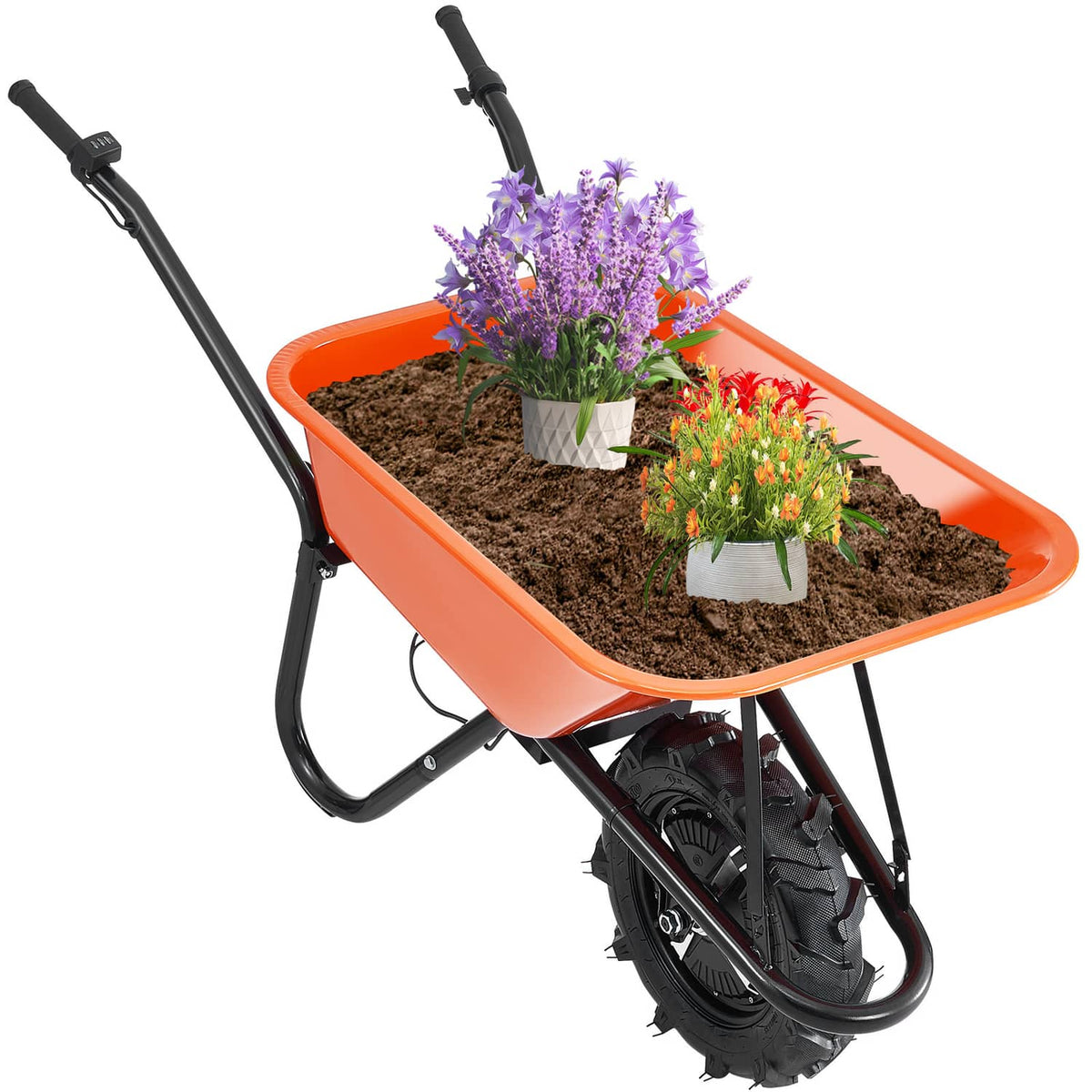 Orange electric one-wheel wheelbarrow cart with black frame, loaded with soil and flowers