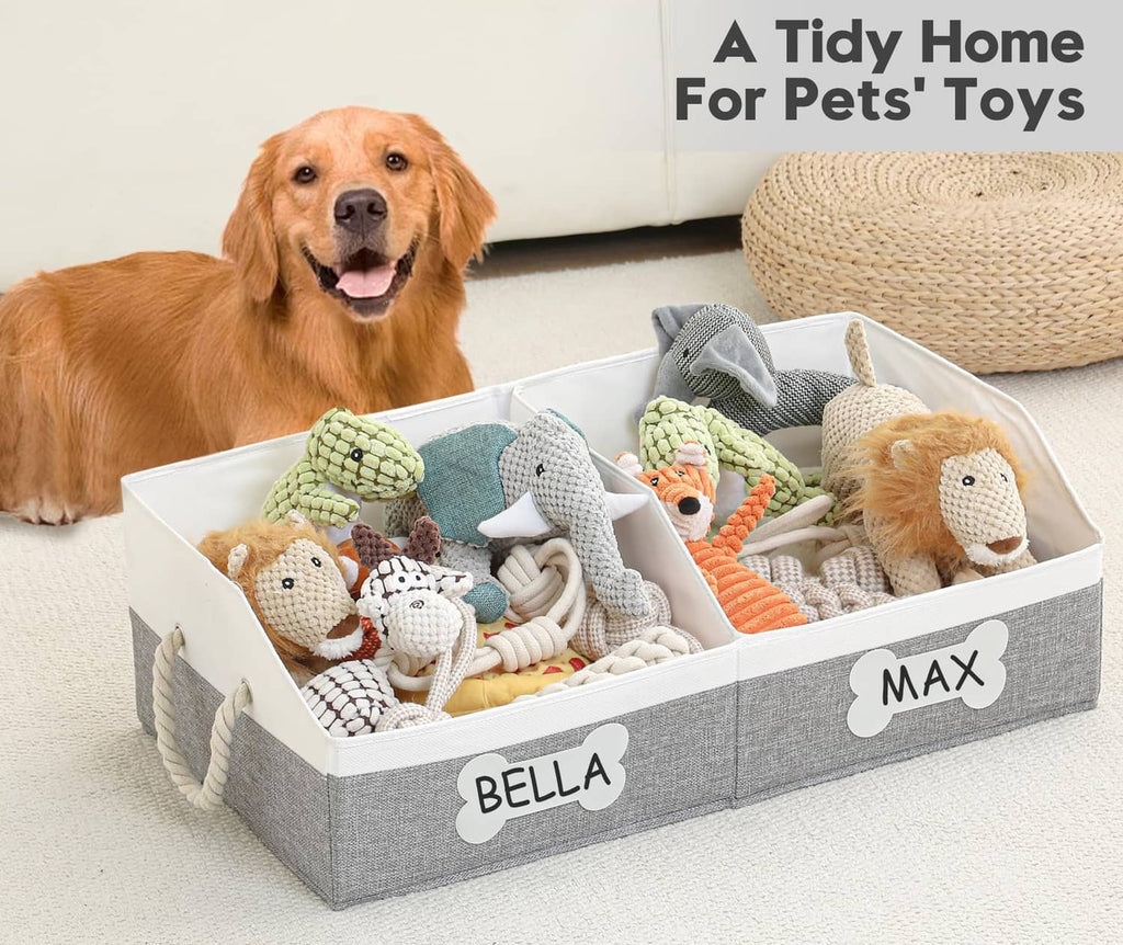 Grey collapsible fabric dog toy basket with plush toys, front labels for Bella and Max