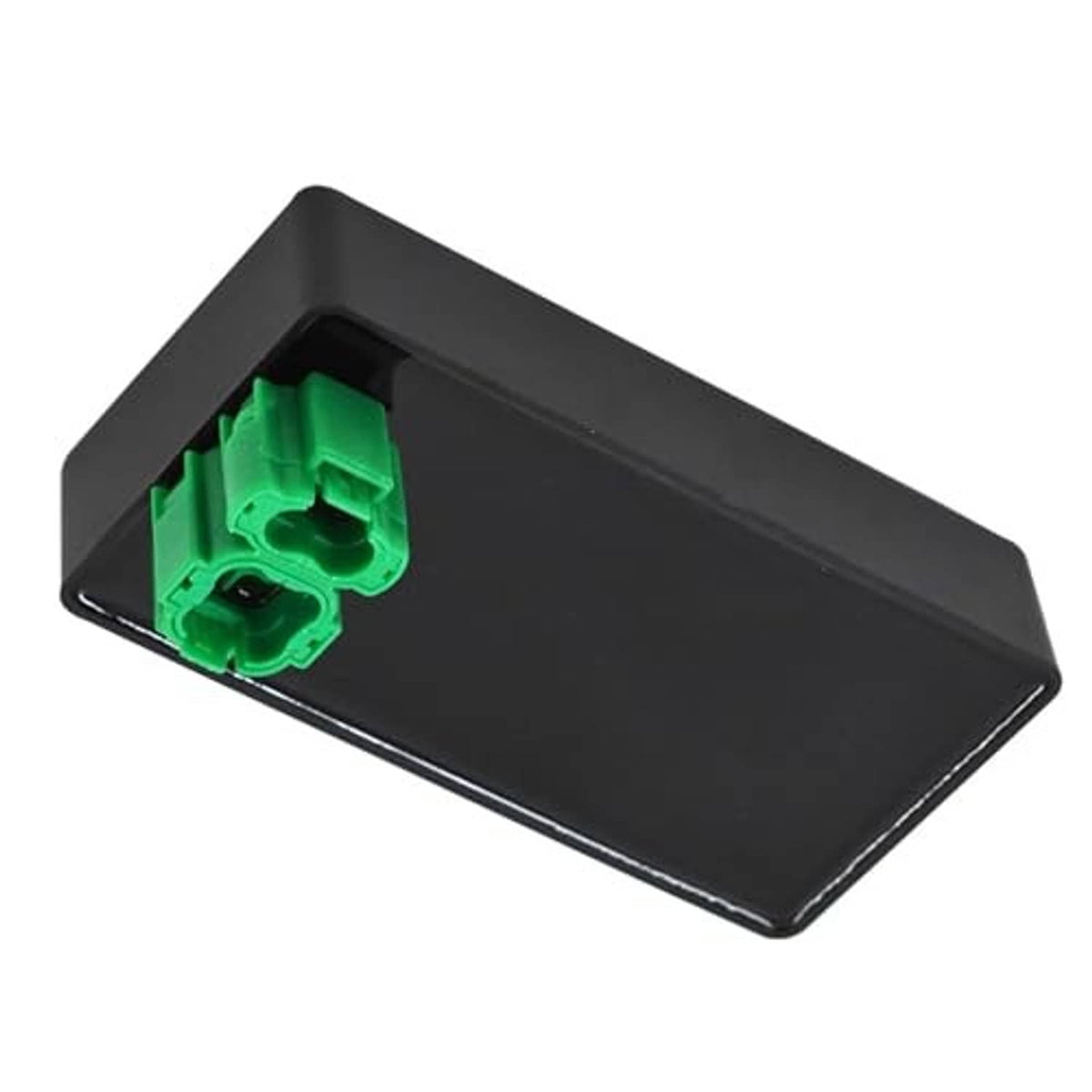 Black CDI module box with exposed green connector pins on one end.