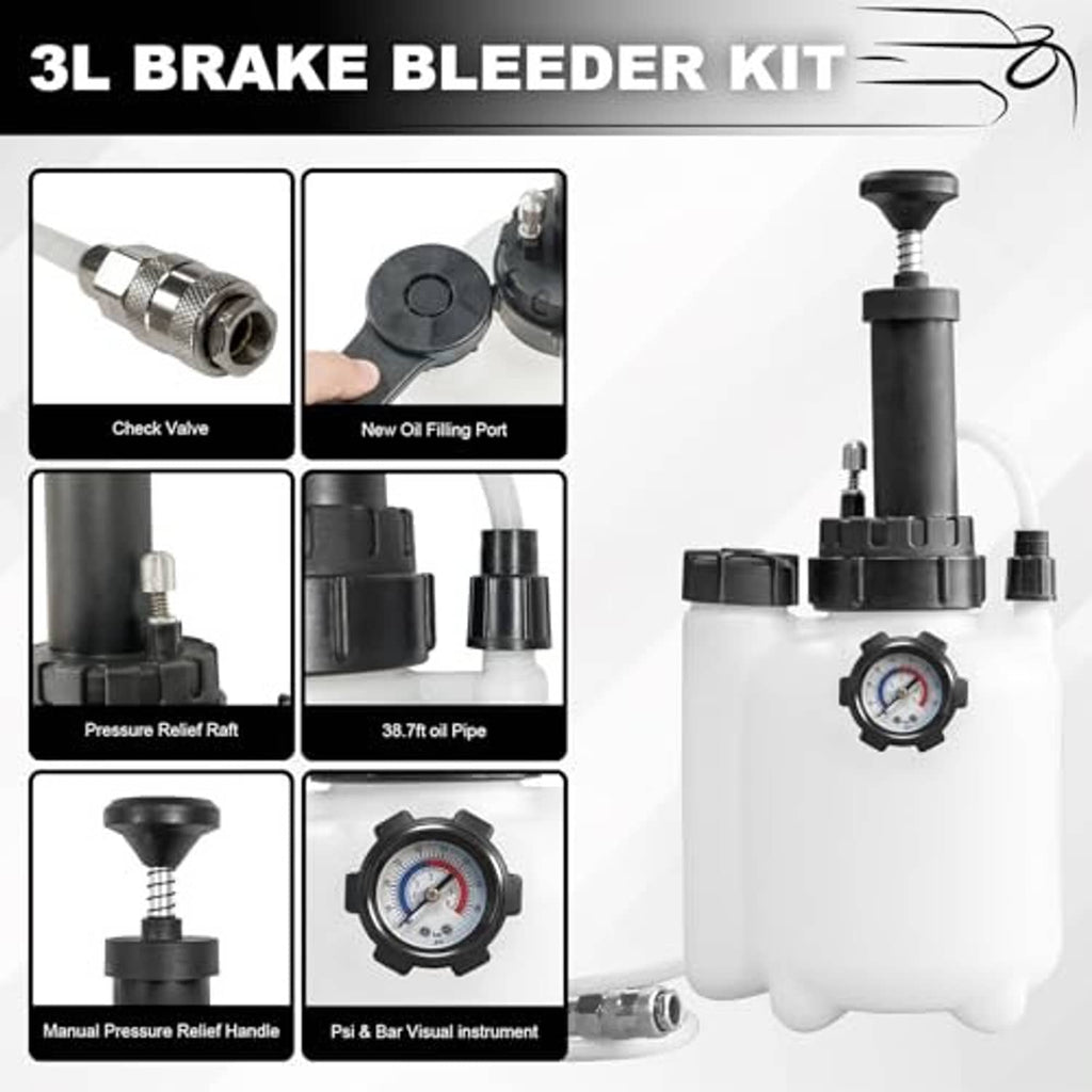 Brake bleeder kit with vacuum pump unit and inlet/outlet parts, shown on a white tank
