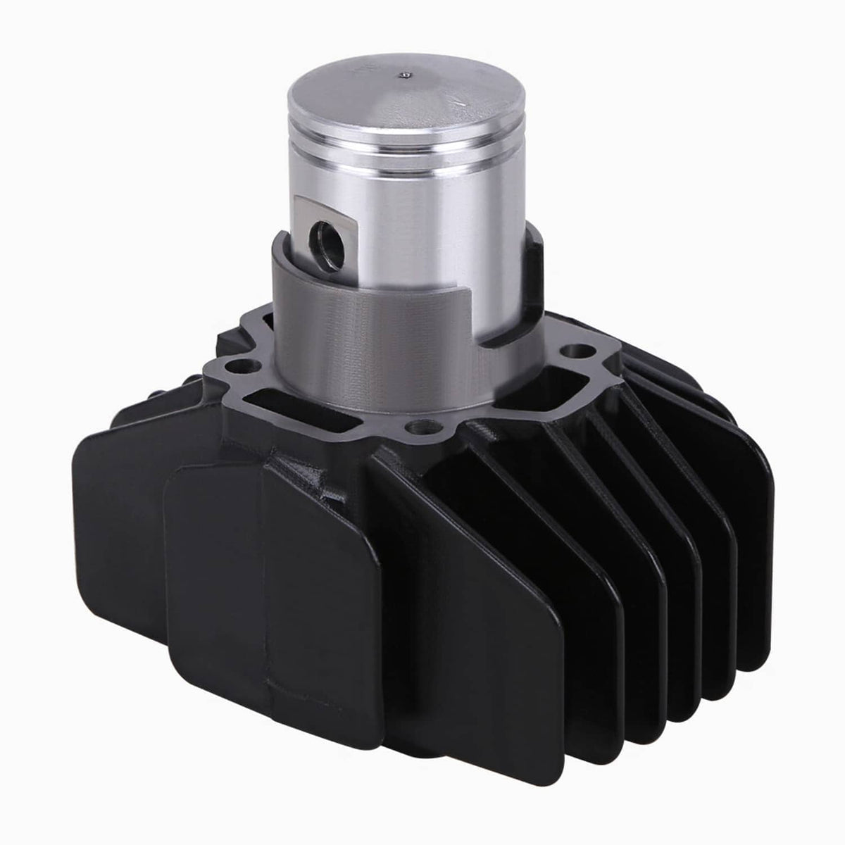 Black finned cylinder with silver piston and mounting block for engine top end