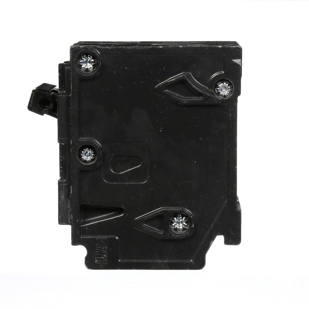 Siemens black Type QP double-pole circuit breaker, rear view with four screw heads