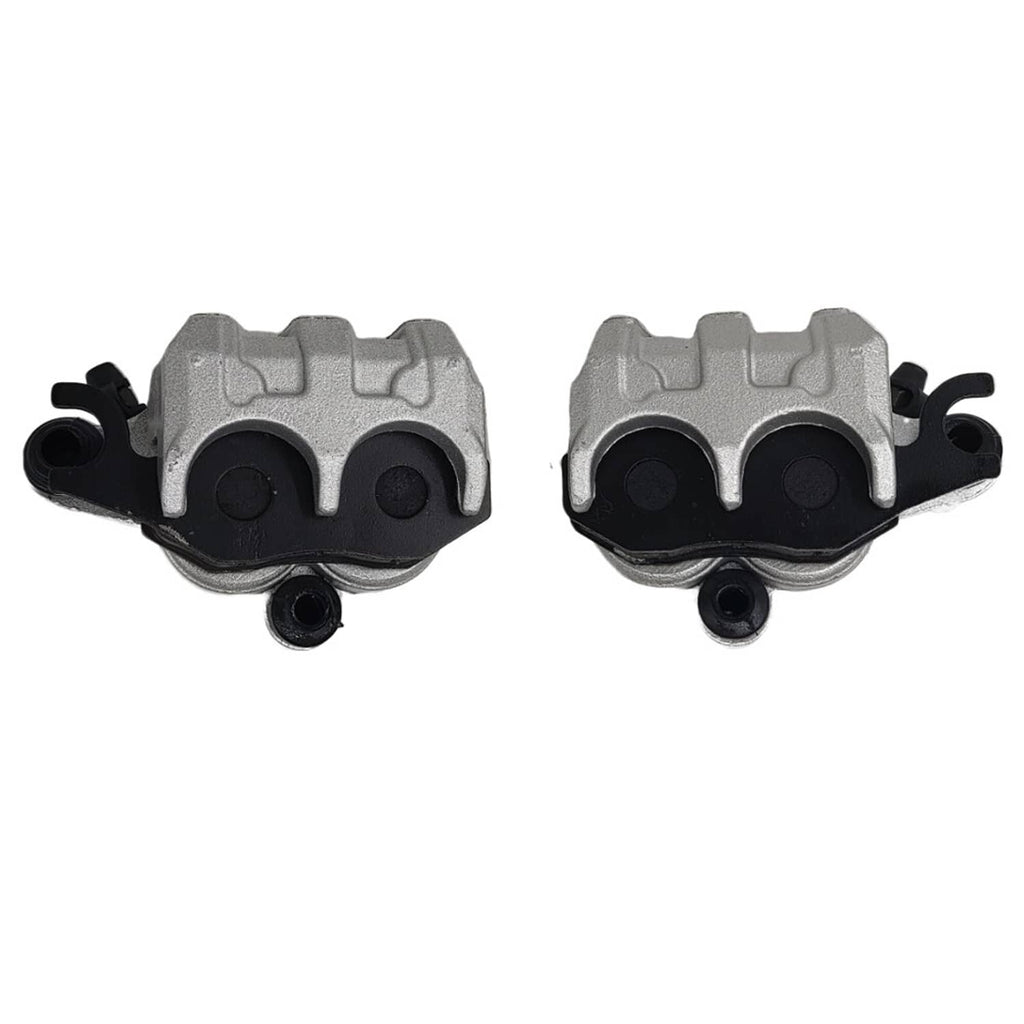 Front brake caliper with two black pads and hose ports, viewed from front
