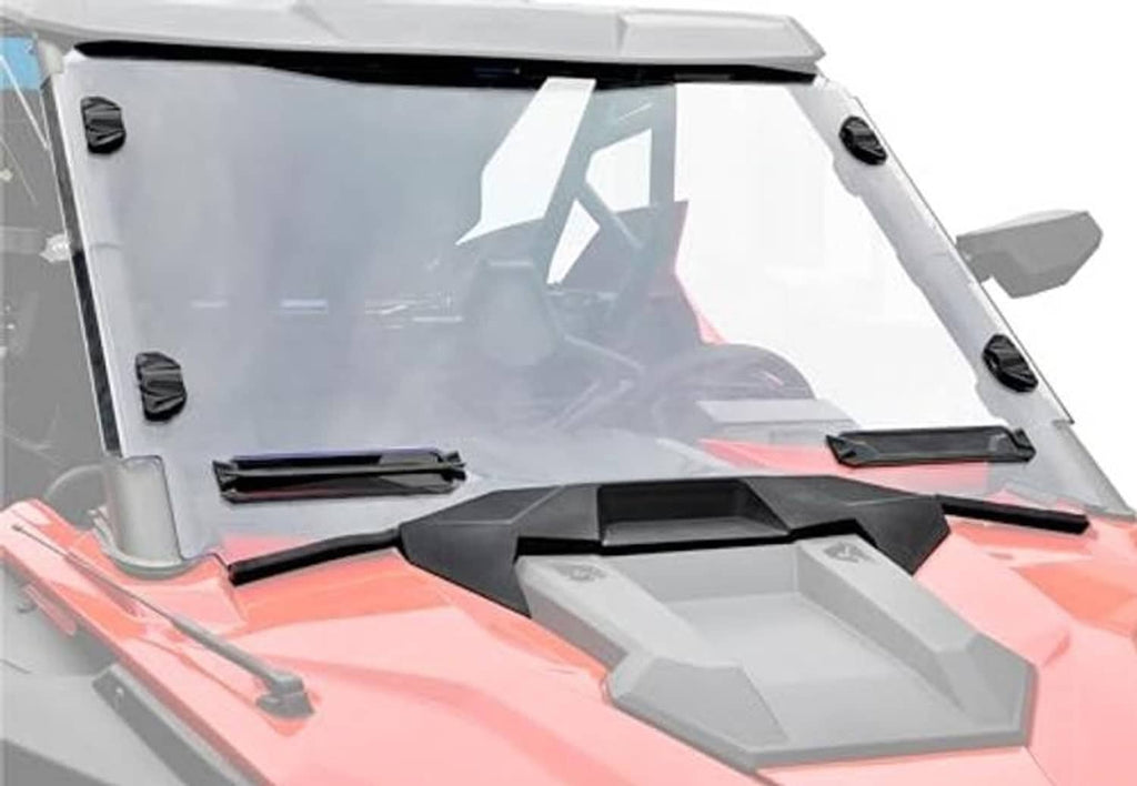 Clear front windshield panel with black mounting brackets and cutout supports