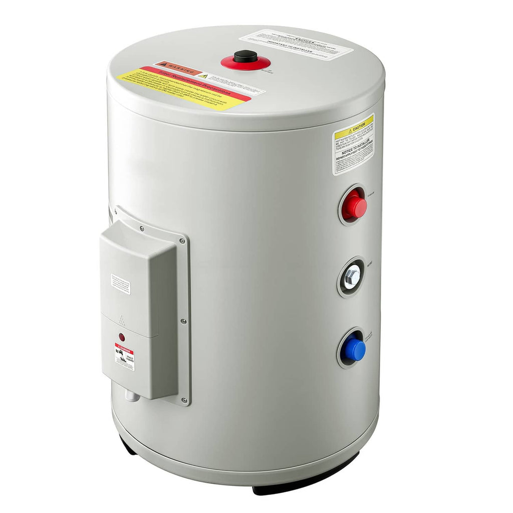 White electric water heater with top red safety button and side control dials