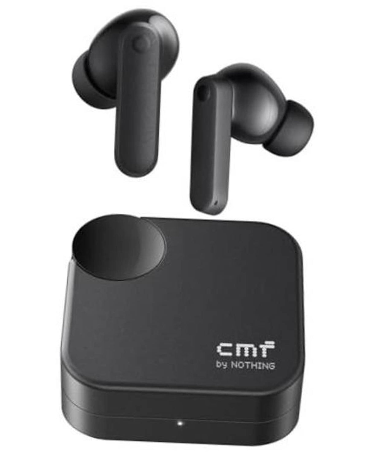 Dark grey wireless earbuds with charging case, two ear tips and case front