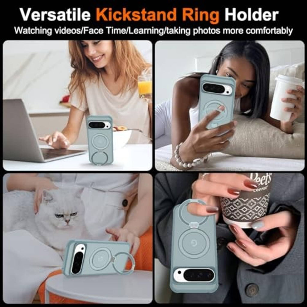 Teal phone case with ring kickstand, held upright for viewing and hands-free use