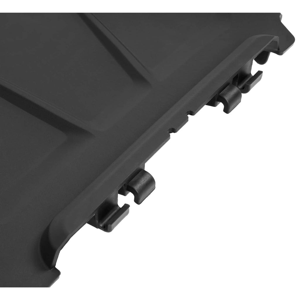 Black discharge chute edge with mounting clips and tab details.