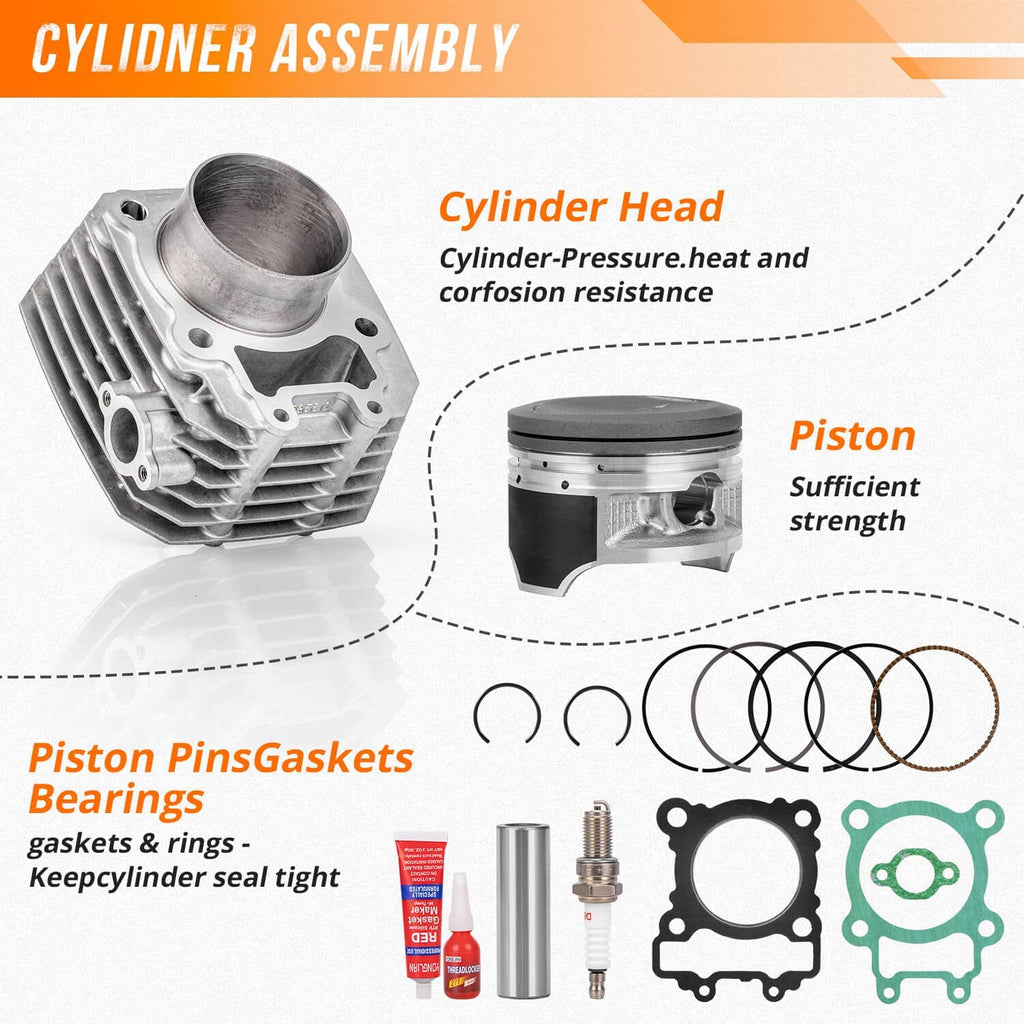 Cylinder assembly parts diagram with cylinder head, piston, piston rings, gaskets, spark plug