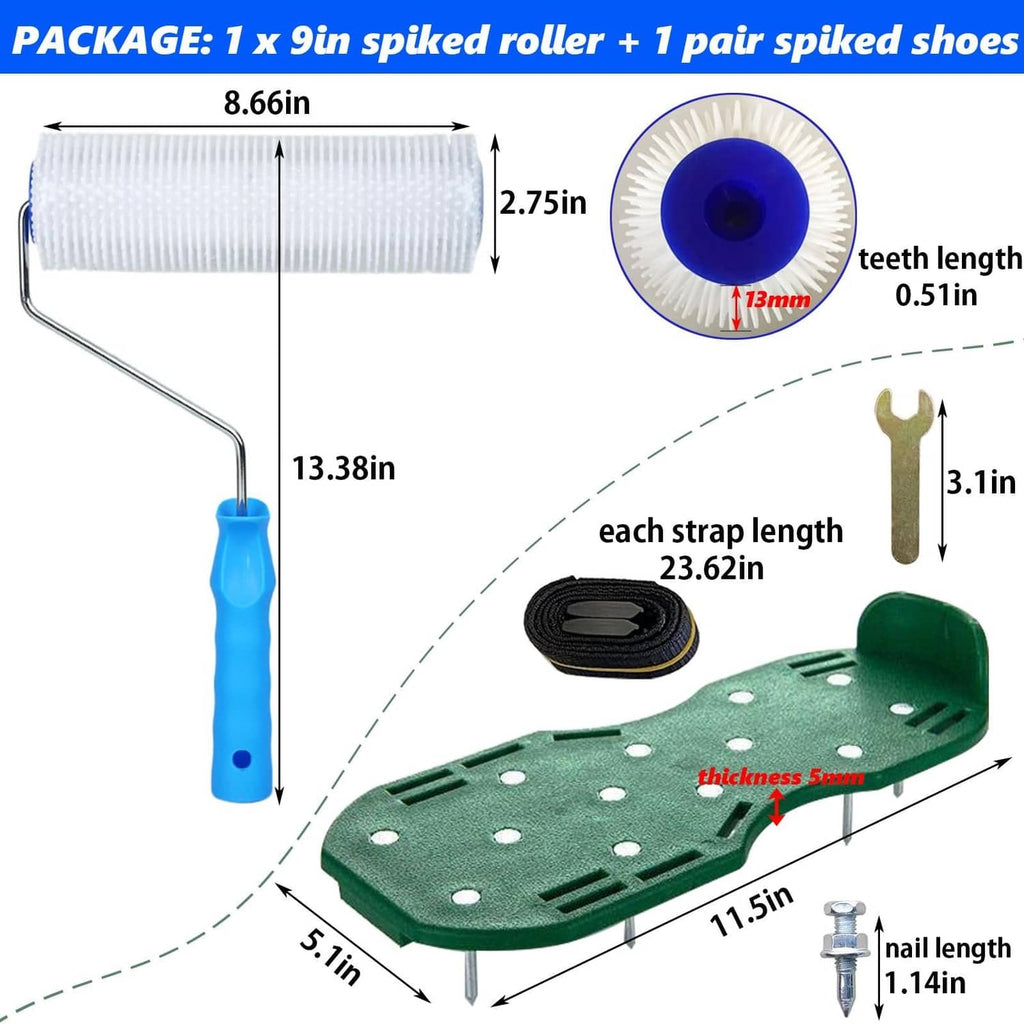 Spiked roller and green spiked shoe set with straps and metal nail plate
