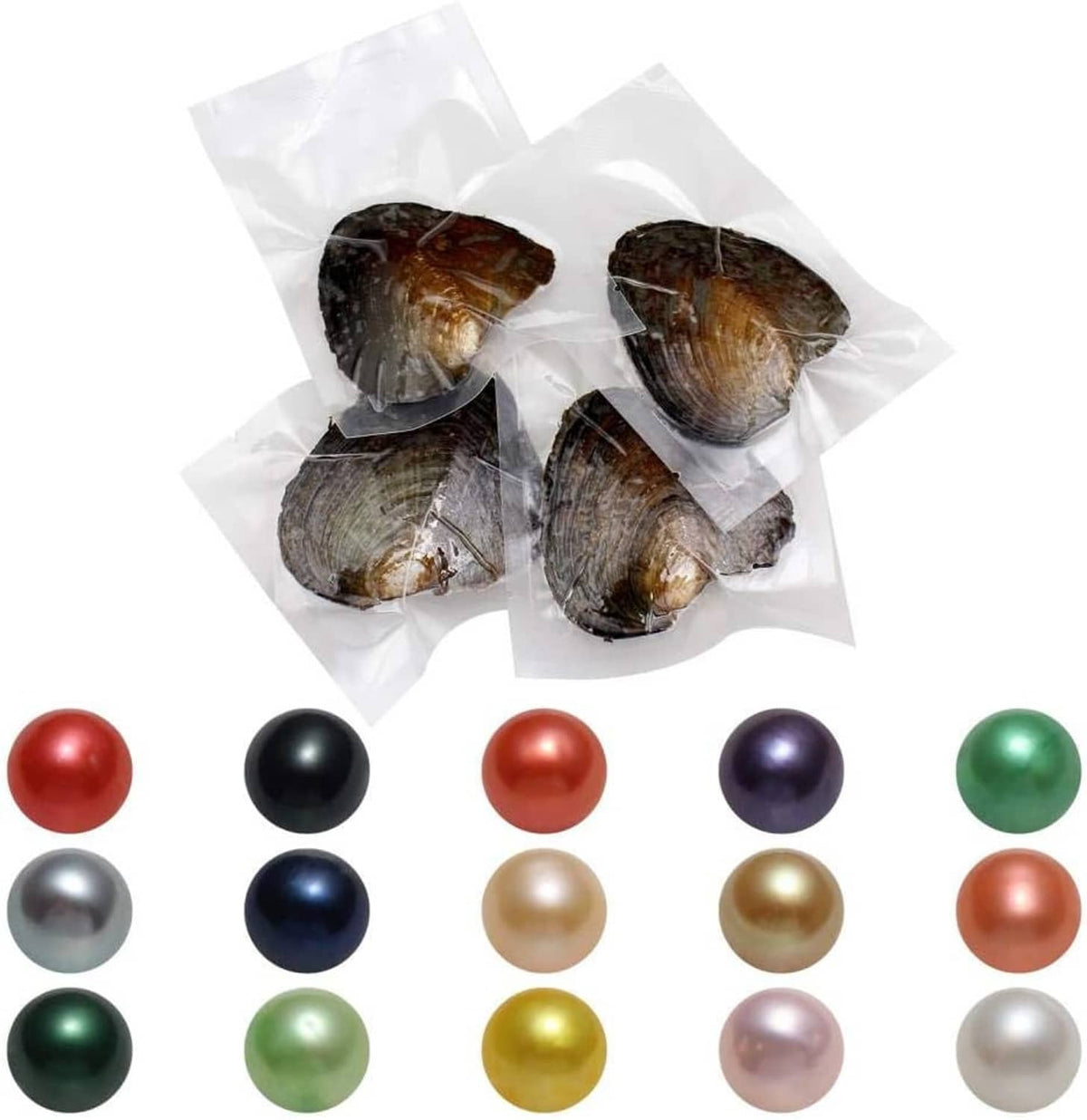 Freshwater pearl oyster set with assorted colored round pearls, 50-piece bundle