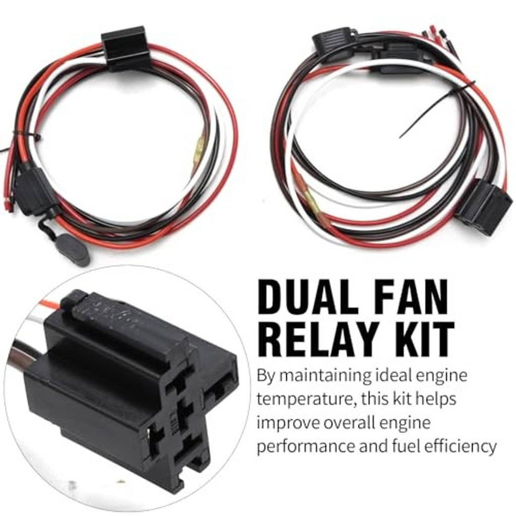 Dual fan relay kit with two wiring harnesses and black relay module and sensor